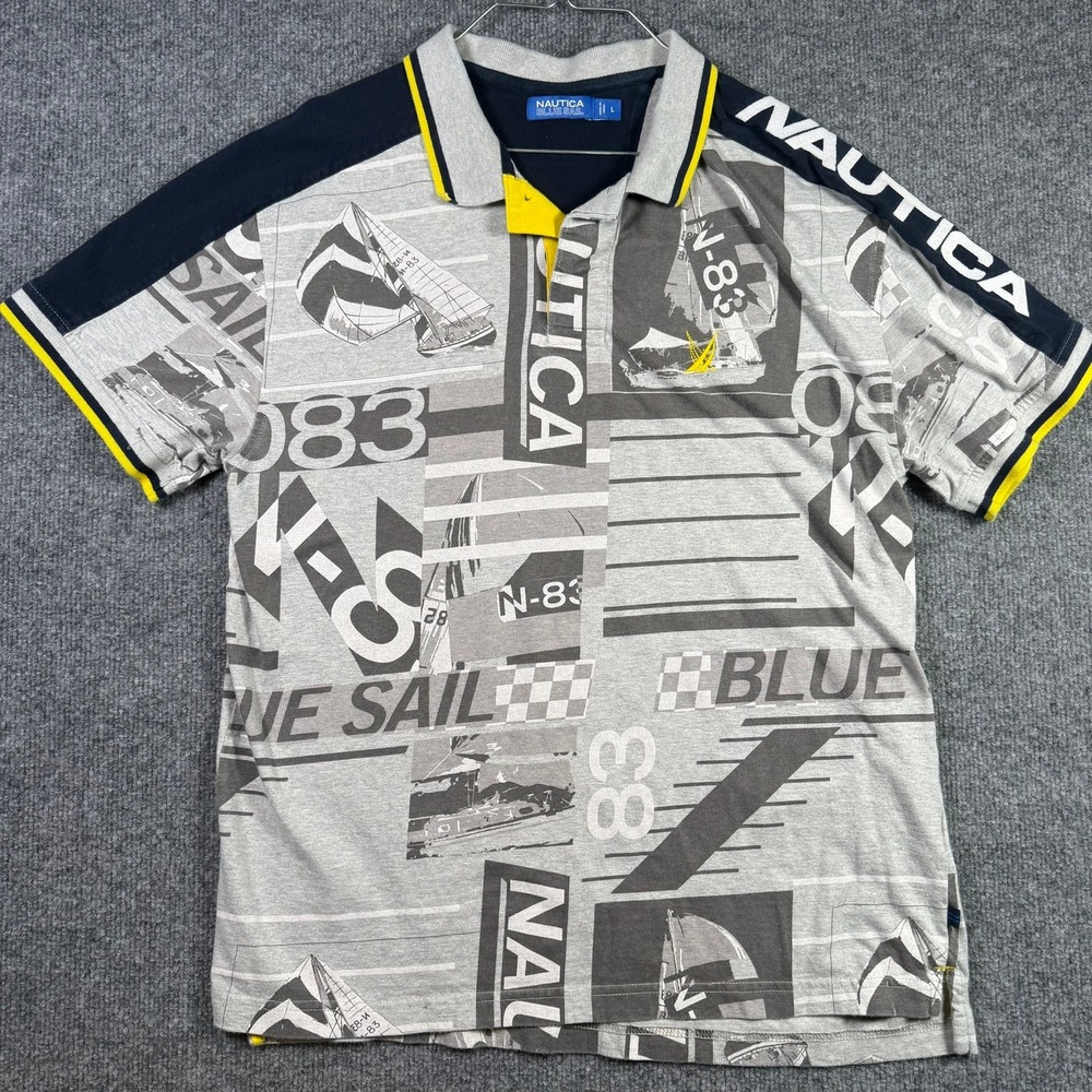 Nautica Blue Sail Polo Shirt Mens Large Grey All Over Print N-83 Graphic Cotton
